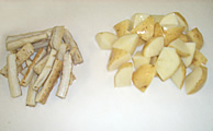 Sliced burdock root, cut potatoes